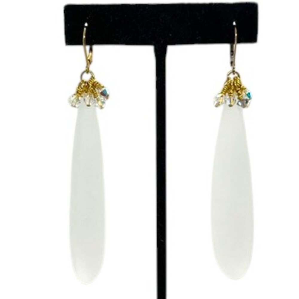 VINTAGE FROSTED TEARDROP EARRINGS GOLD TONE LONG CRYSTAL LEVERBACK UPCYCLED